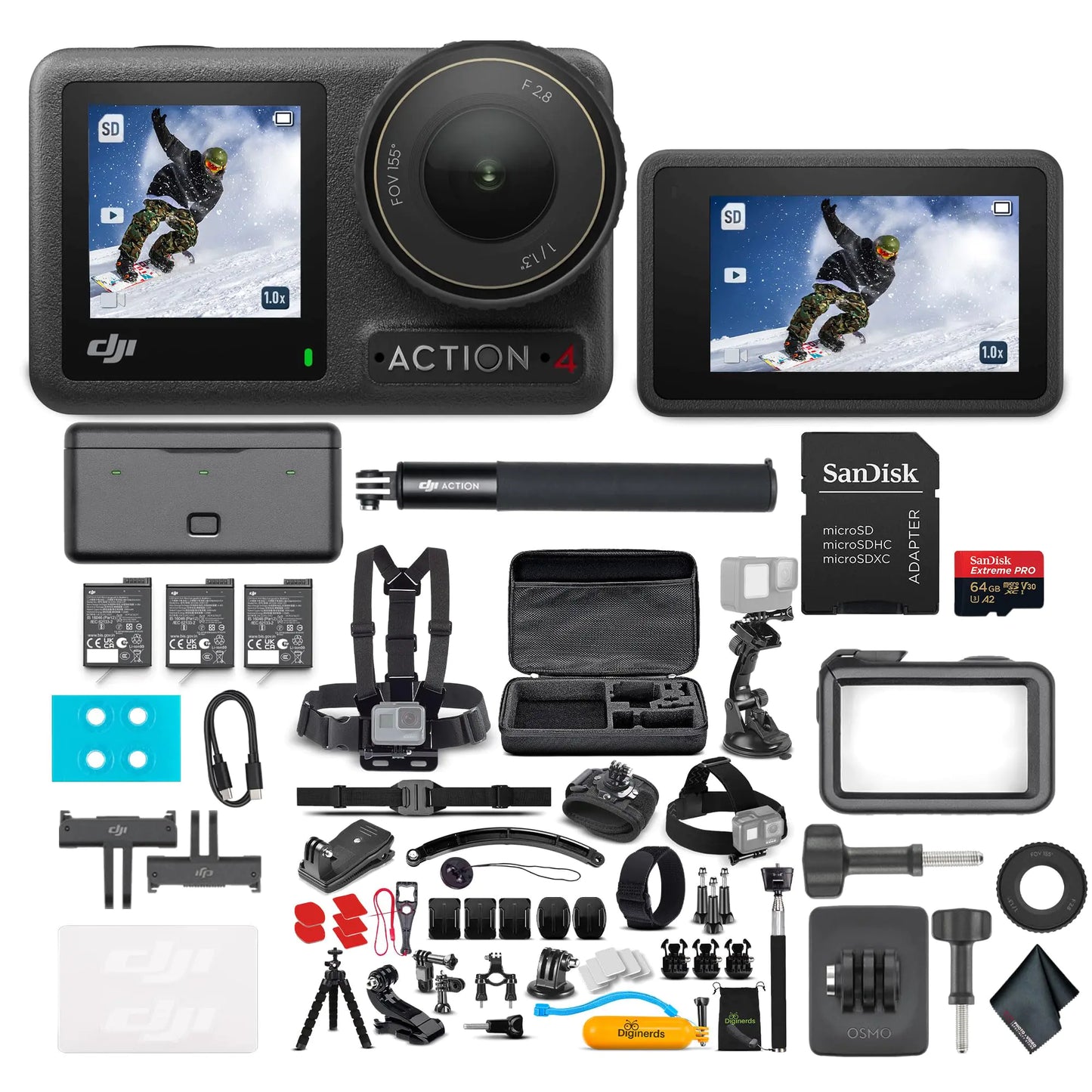DJI Osmo Action 4 Camera Adventure Combo - Waterproof Action Camera with 4K UHD Video 1/1.3" Sensor Stabilization Dual Screens for Vlogging Travel & Sports + 64GB Card & 50 Piece Accessory Kit