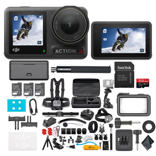 DJI Osmo Action 4 Camera Adventure Combo - Waterproof Action Camera with 4K UHD Video 1/1.3" Sensor Stabilization Dual Screens for Vlogging Travel & Sports + 64GB Card & 50 Piece Accessory Kit
